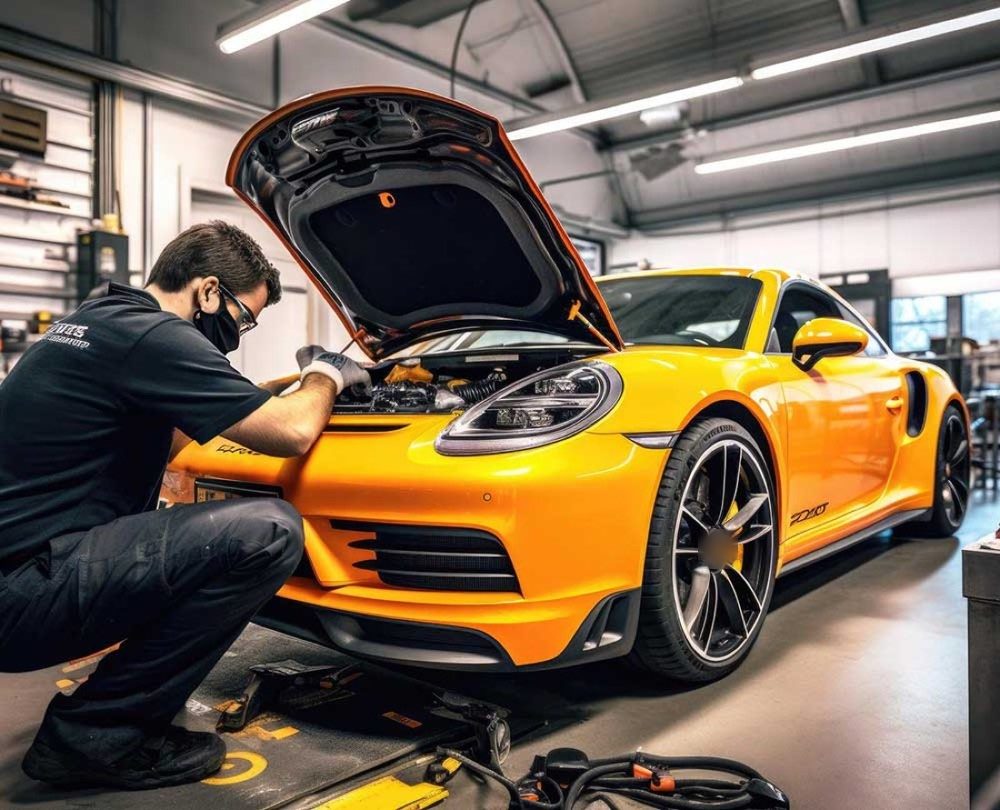 A technician working under the open hood of a car on the shop floor