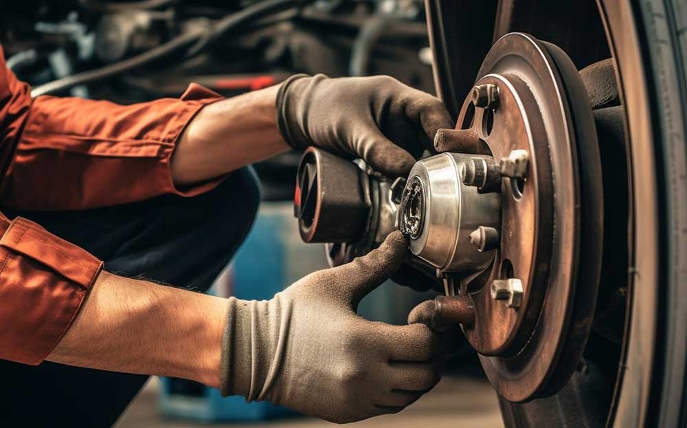 A technician's gloved hands refitting a brake disc and hub with the caliper removed