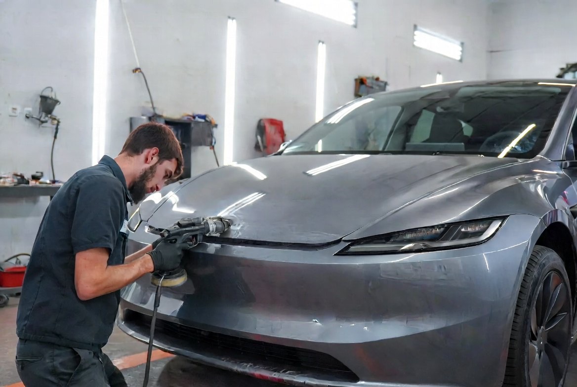 A technician refinishing a car's front bumper with a sander in the bay