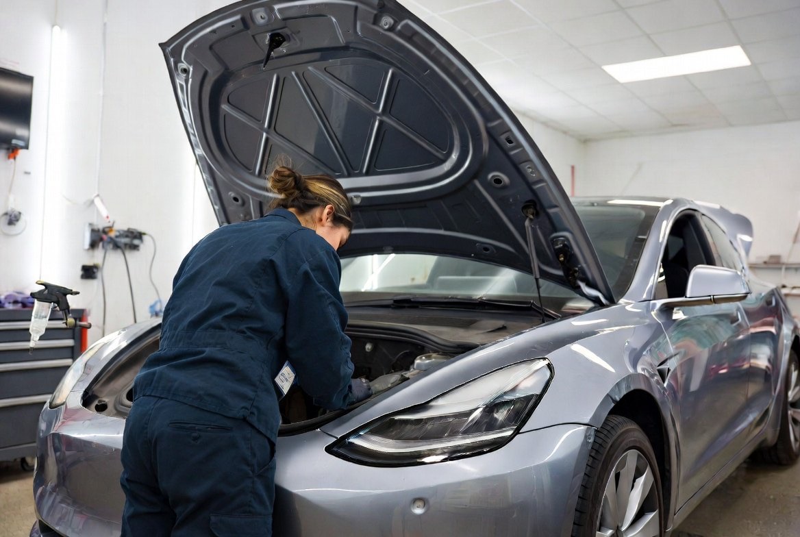 A technician working under an open hood at the front of a car