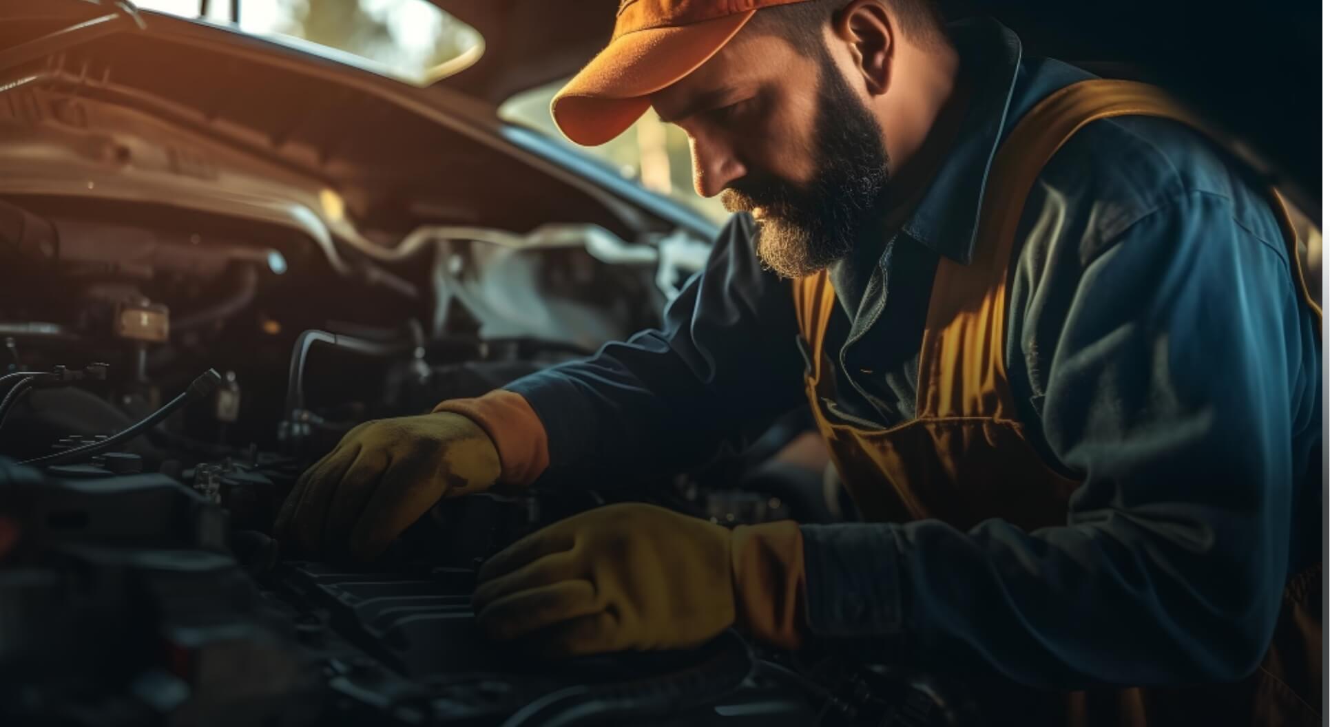A technician leaning over an open engine bay during an inspection