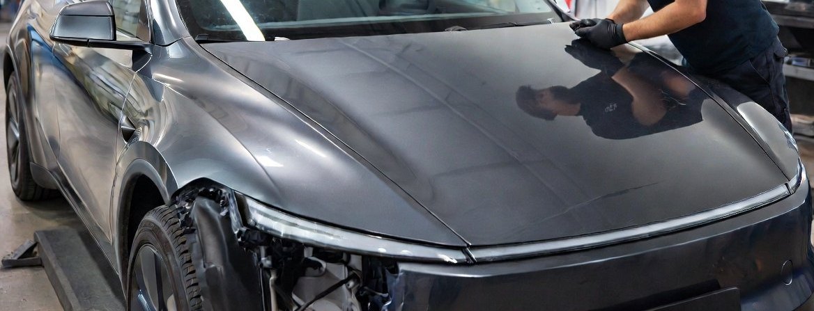 A technician working along the hood of a car with its front panel removed
