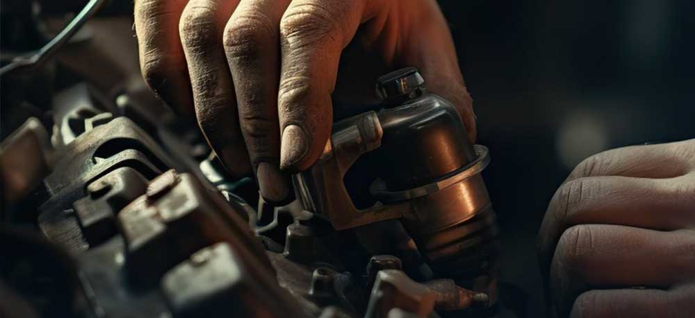 Close view of a technician's hands working on a mechanical assembly