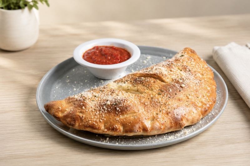 A folded calzone, baked gold, with a dish of marinara for dipping.