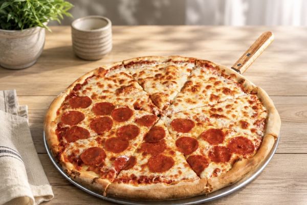 A whole pizza on a steel pan, half covered in pepperoni and half left plain cheese.