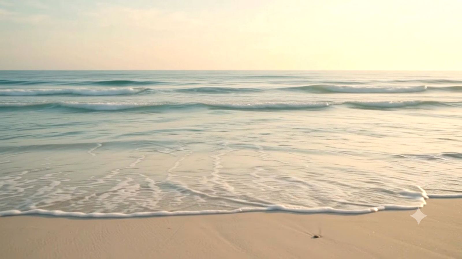 Low waves rolling up a pale sand beach at golden hour.